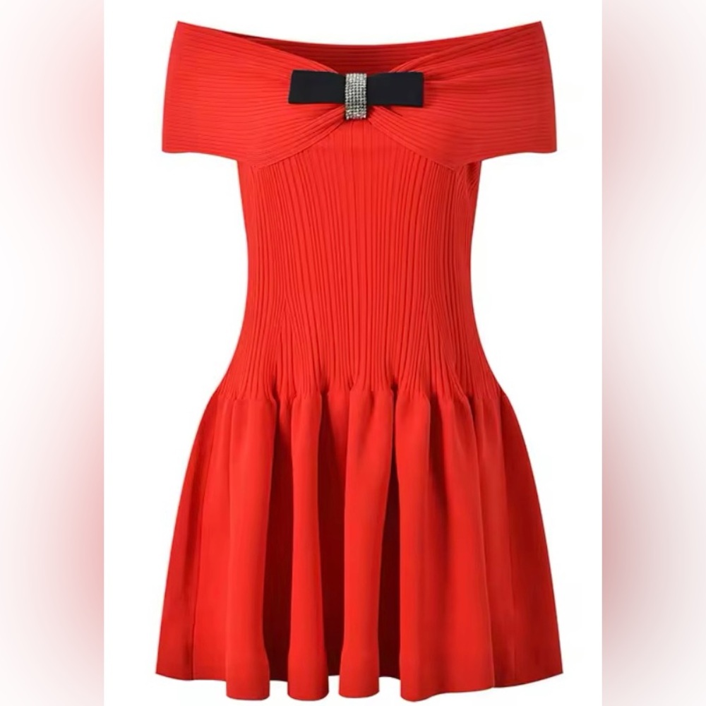 Self Portrait Bow Knit Off Shoulder Mini Dress in Red